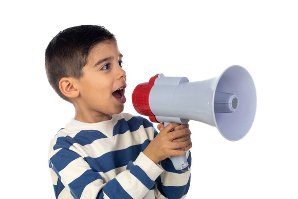 Pequeño niño gritando a través de un megáfono
  - Foto, Imagen