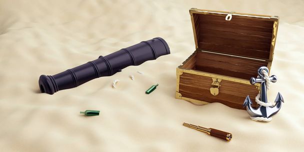 On the beach an old  open chest, a spyglass, an anchor 3D illustration, 3D rendering - Photo, Image