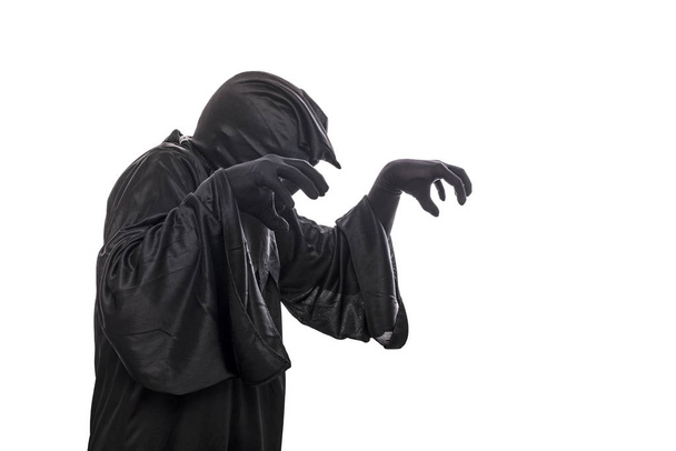 Spooky monster in hooded cloak isolated on white background - Photo, Image