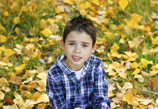 Lächelndes Kind im Herbstlaub - Foto, Bild