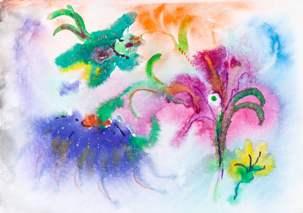 abstract colorful flowers on meadow handpainted by watercolors on white paper - Foto, Bild