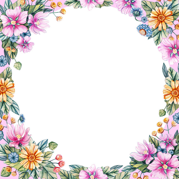 Floral square frame of watercolor wildflowers. - Fotografie, Obrázek