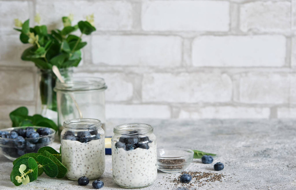Chia pudding with blueberries for breakfast. Stone background. - Fotografie, Obrázek