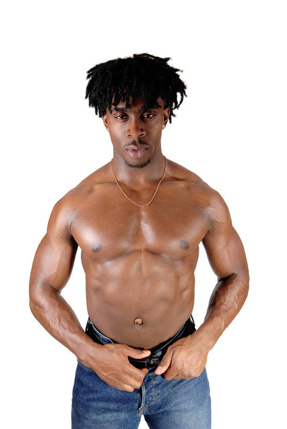 A young handsome African man standing isolated for white background.shirtless showing his muscular body and fuzzy hair. - Photo, image