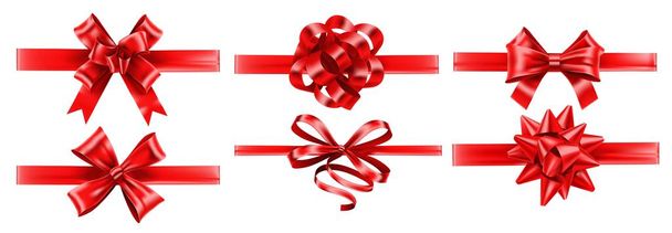 Реалистичные красные ленты с луками. Праздничная упаковка бант, украшение подарка и представляет набор векторов ленты
 - Вектор,изображение