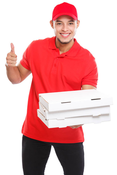 Pizza delivery latin boy order delivering success successful smiling job deliver box isolated on a white background - Foto, afbeelding