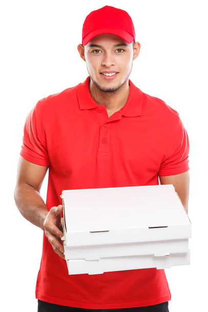 Pizza delivery latin man boy order delivering job deliver box young isolated on a white background - Fotó, kép