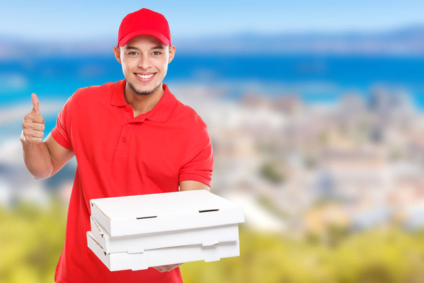 Pizza delivery latin man order delivering job success successful smiling deliver copyspace copy space outdoors - Foto, imagen