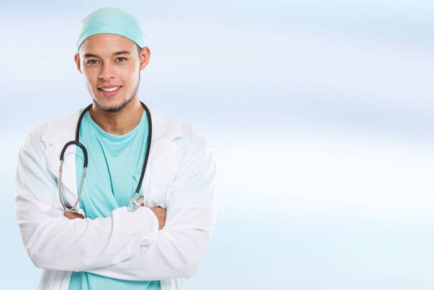 Young doctor portrait occupation education latin man job doctor's overall copyspace copy space male - Foto, Imagen