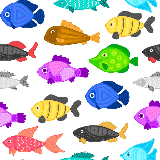 Vector seamless pattern with colorful abstract fish. Undersea world. Aquarium. Wrapping paper, package, wallpaper, poster, clothing and other textile in a pet store, fishing gear shop or aquapark - Fotoğraf, Görsel