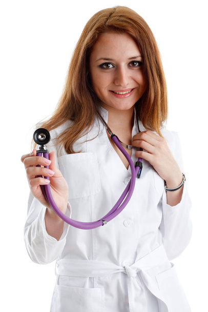 Smiling beautiful doctor with stethoscope on a  white background. Medical concept. - Foto, Imagem