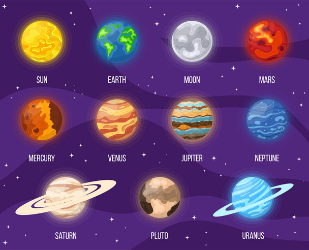 Uzayda bir dizi karikatür güneş sistemi gezegeni. Güneş, ay, dünya, yıldızlar ve sistem gezegenleriyle dolu renkli bir evren. Herhangi bir tasarım için vektör illüstrasyonu. - Vektör, Görsel
