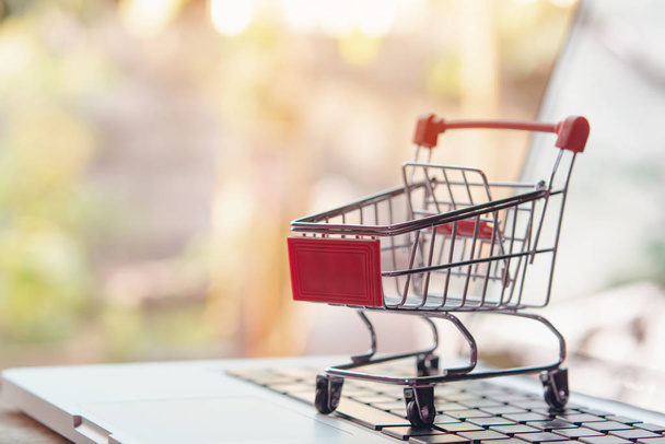 Shopping online concept - Empty shopping cart or trolley on a la - 写真・画像