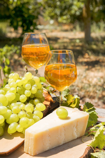 Amber víno v brýlích na přírodu: zátiší se sýrem, hrozny a vínem v rustikálním stylu. Gruzínské národní víno nebo italské víno passito - Fotografie, Obrázek