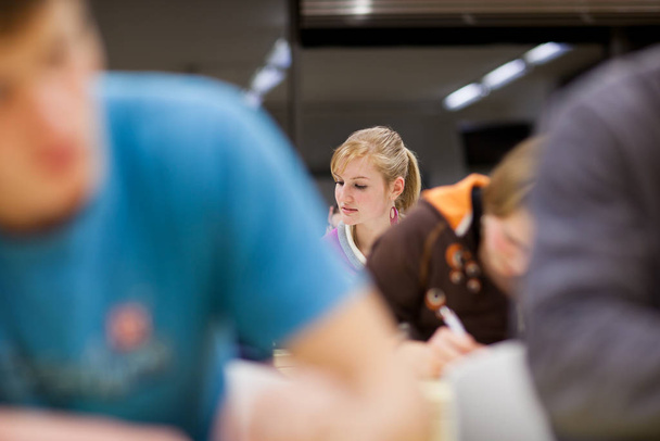 pretty, female college student sitting in a classroom full of students during class (shallow DOF - Fotografie, Obrázek