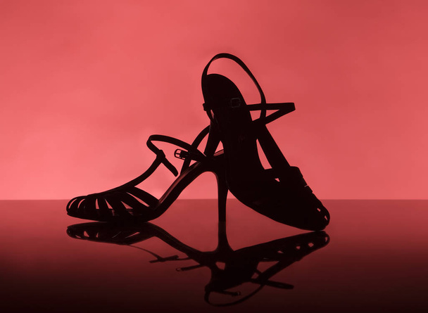 Female shoes on red background - Фото, зображення