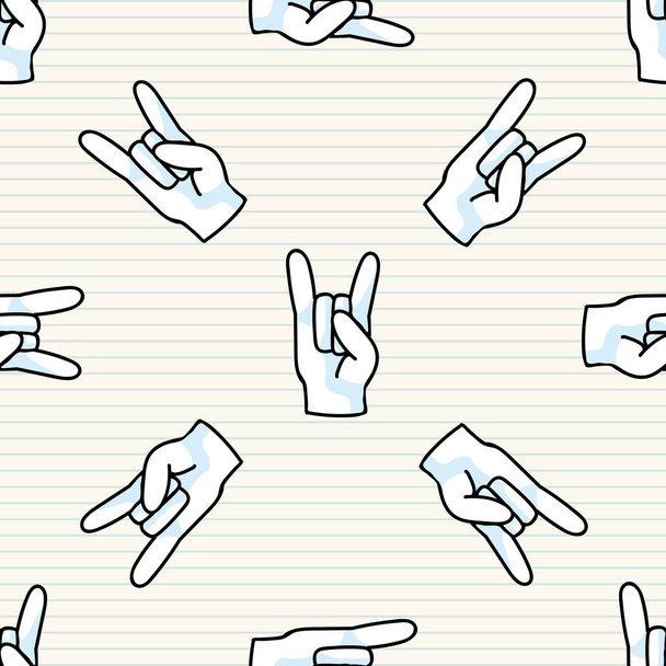 Cute rock on hand symbol seamless vector pattern. Hand drawn expression gesture for simple stylized sign. Hand gesture home decor. Isolated communication concept all over print.  - Vector, Image
