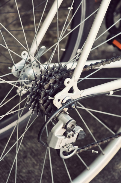 Casete trasero de bicicleta de carreras en la rueda con cadena
 - Foto, Imagen