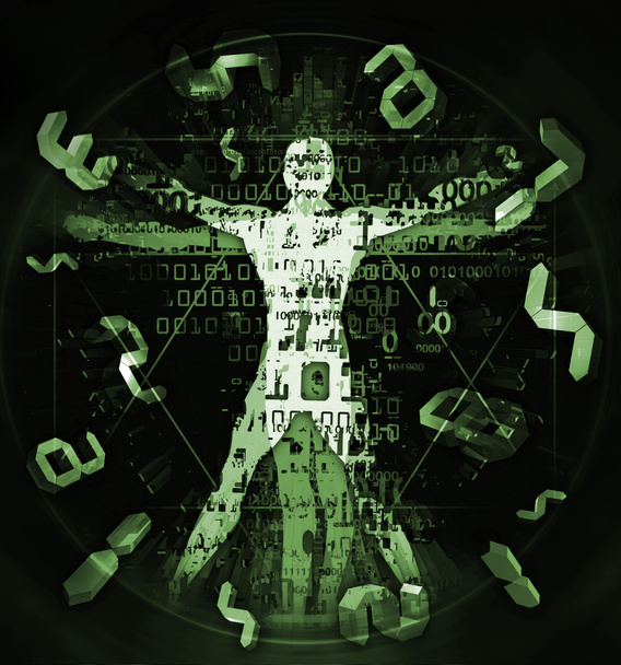 Homem vitruviano da era digital, com números digitais 3d. Ilustração do homem vitruviano com um código binário simbolizado era digital em fundo verde
.  - Foto, Imagem