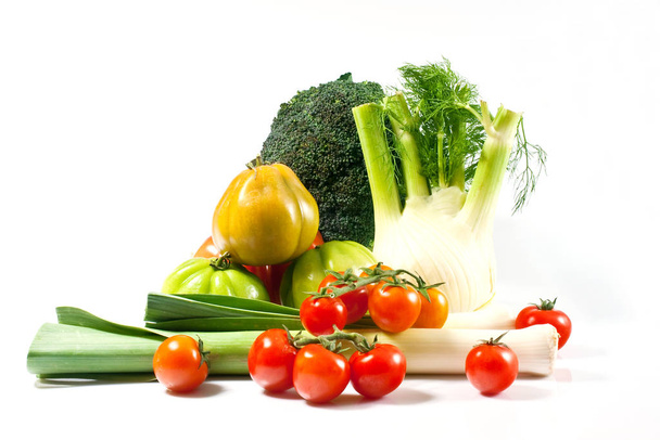 Leek, fennel, broccoli, and tomatoes isolated on a white background - Photo, Image