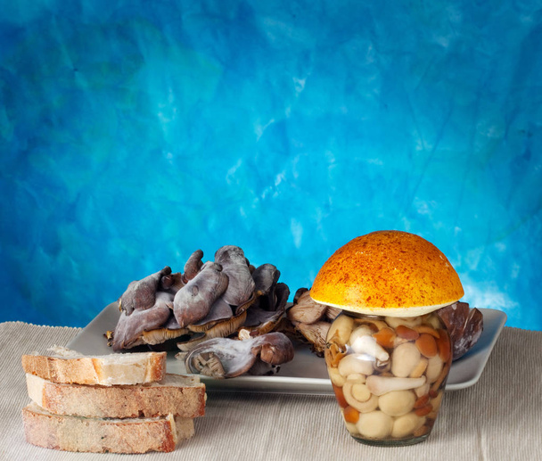 Mushrooms inside a jar on a blue background - Φωτογραφία, εικόνα