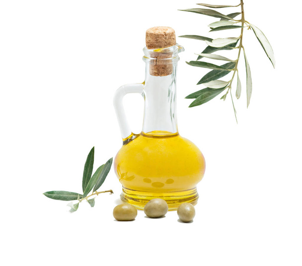 Bottle of olive oil and olive fruits isolated on white background - Foto, Imagem