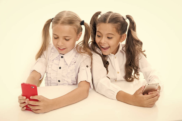 Blog for students. Little children typing new blog post from smartphone. Small bloggers keeping class blog. Smart girls posting their blog on online social network through mobile device - 写真・画像