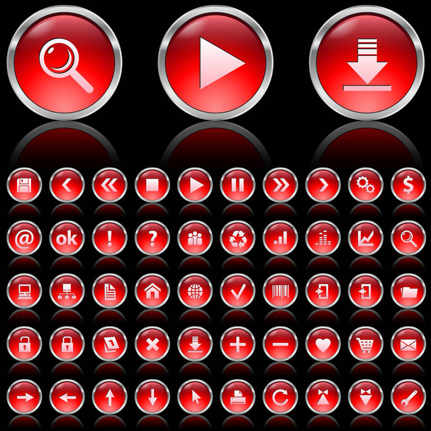 Set van rode glanzende iconen op zwarte achtergrond  - Foto, afbeelding
