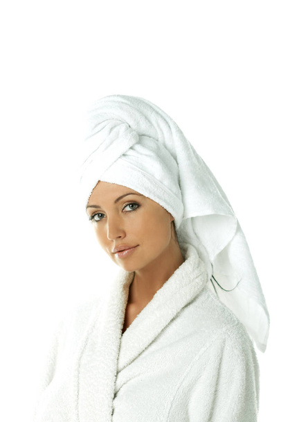 Portrait of Fresh and Beautiful brunette woman wearing white towel on her head - Fotografie, Obrázek