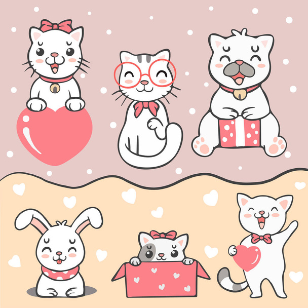 Grupo de lindo gato kawaii, conejo y perro
 - Vector, Imagen