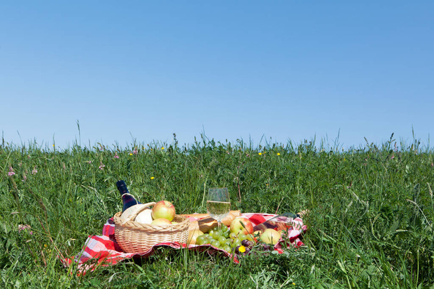 outdoor picnic,tablecloth with snack on a meadow - Photo, Image