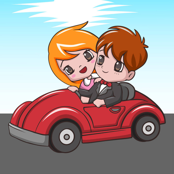 Leuke gelukkige bruiloft koppels paardrijden rode auto - Vector, afbeelding