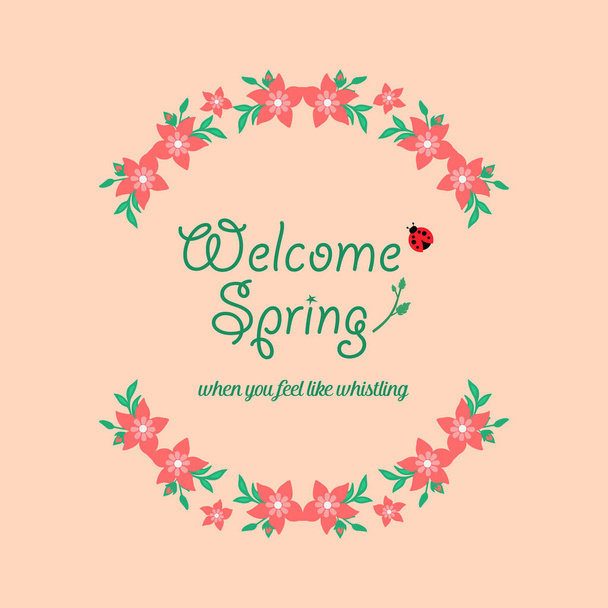 The elegant of leaf and red flower frame, for welcome spring greeting card template design. Vector - Vetor, Imagem