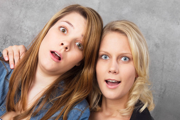 portrait of two surprised looking at camera teenage girls. funny studio shot against gray background. - Фото, зображення