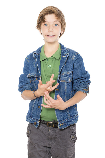 hloupě vypadající dospívající chlapec dělat gesta rukama, izolované - Fotografie, Obrázek