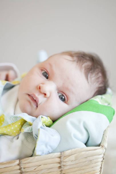 Portrait of a cute newborn baby girl lying in a basket dressed in a cute  dress - Fotó, kép