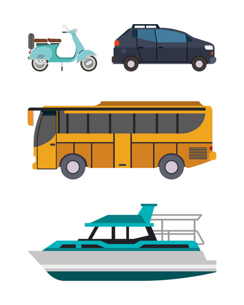 Motorcycle car bus and boat vehicles vector design - Vector, Imagen