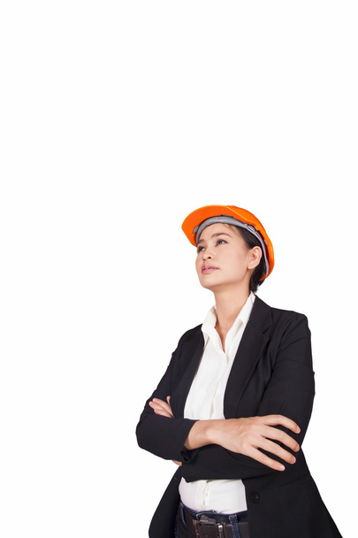 Female engineer with red helmet - 写真・画像