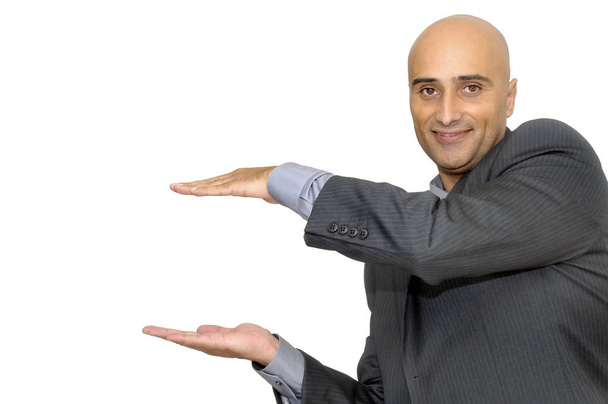 Hombre de negocios feliz con las manos arriba aislado en blanco
 - Foto, Imagen