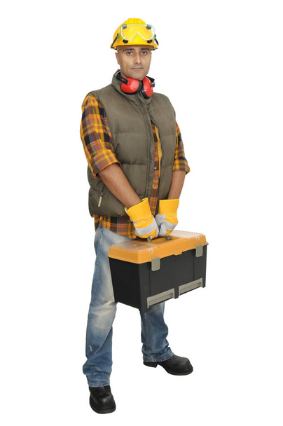 Trabalhador com chapéu e caixa de ferramentas isoladas em branco - Foto, Imagem