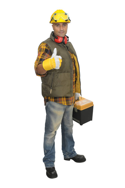 Worker with hat and tool box isolated in white - Foto, afbeelding