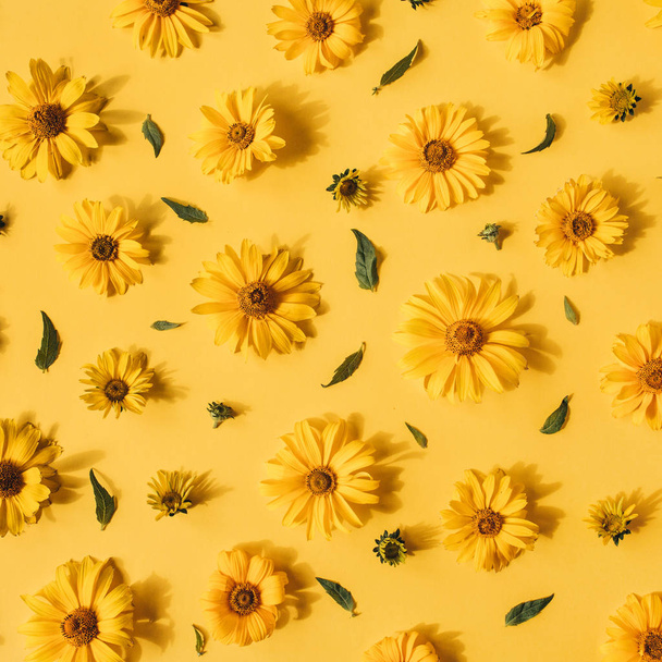Flat lay yellow daisy flower buds pattern on yellow background. Top view floral texture. - Fotó, kép