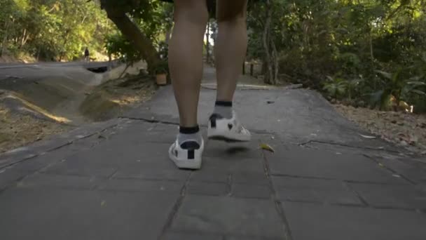 Sırt çantasıyla tropikal yağmur ormanlarında yürüyen kadın yürüyüşçünün alçak açılı görüntüsü. Kapalı kadın bacakları tepenin zirvesine ulaşmak için küçük bir yolda yürüyor.. - Video, Çekim