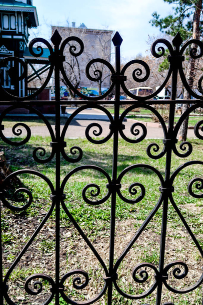 Металевий кований паркан, вид на відстань, літня природа
. - Фото, зображення