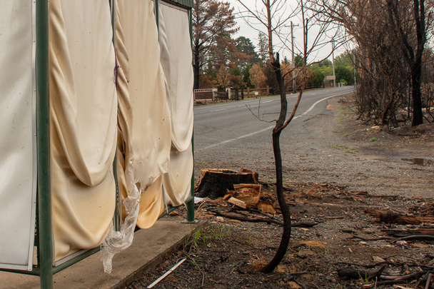 Avustralya 'daki orman yangınlarından sonra, Nsw' daki Balmoral Village 'da çıkan aşırı sıcak hava nedeniyle otobüs durağındaki plastikler eridi. - Fotoğraf, Görsel