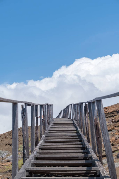 A vertical shot of a staircase leading to the mountains touching the sky in Galapagos Islands, Ecuador - Photo, image