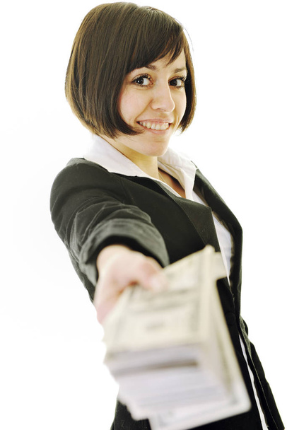 happy young business woman isolated on white playing with dollars money and representing success in finance - 写真・画像