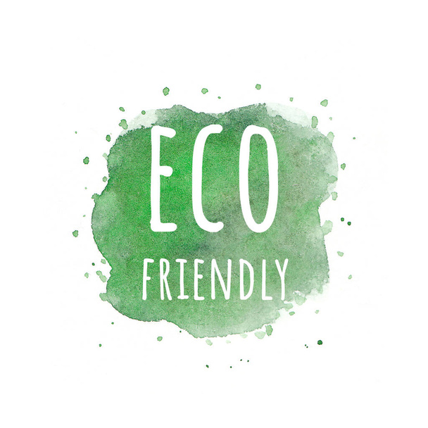 エコ、オーガニックラベル。緑の抽象的な手の水彩画の背景を描いた。自然、有機食品や化粧品、バイオ、エコデザイン要素. - 写真・画像