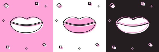 Definir ícone de lábios sorridentes isolado em rosa e branco, fundo preto. Símbolo de sorriso. Ilustração vetorial
 - Vetor, Imagem