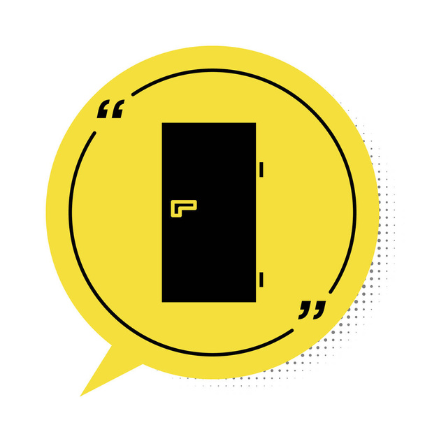 Чорна закрита піктограма дверей ізольована на білому тлі. Жовтий символ бульбашки мовлення. Векторна ілюстрація
 - Вектор, зображення